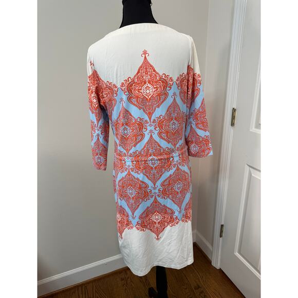 J. McLaughlin Drawstring Dress in Orange/Blue Damask on White Background - Picture 2 of 2